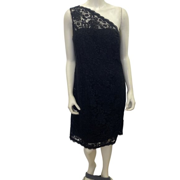 Talbots One-Shoulder Black Lace Dress With Sheer Floral Size 10P - Picture 3 of 9